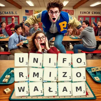 Kreatywna ilustracja do gry w Scrabble ze słowem UNIFORMIZOWAŁAM ułożonym z płytek na planszy.