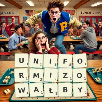 Kreatywna ilustracja do gry w Scrabble ze słowem UNIFORMIZOWAŁBY ułożonym z płytek na planszy.
