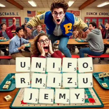 Kreatywna ilustracja do gry w Scrabble ze słowem UNIFORMIZUJEMY ułożonym z płytek na planszy.