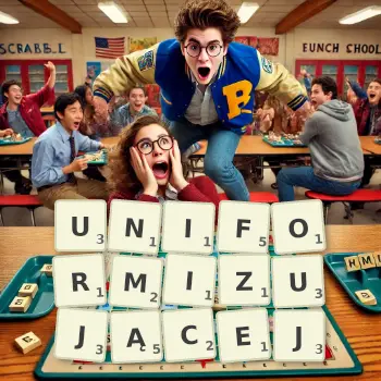 Kreatywna ilustracja do gry w Scrabble ze słowem UNIFORMIZUJĄCEJ ułożonym z płytek na planszy.