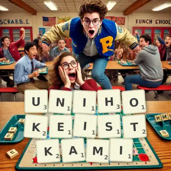 Kreatywna ilustracja do gry w Scrabble ze słowem UNIHOKEISTKAMI ułożonym z płytek na planszy.