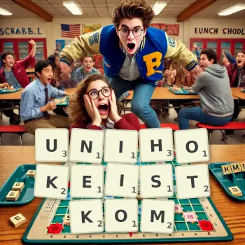 Kreatywna ilustracja do gry w Scrabble ze słowem UNIHOKEISTKOM ułożonym z płytek na planszy.