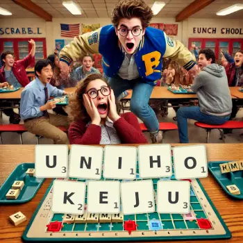 Kreatywna ilustracja do gry w Scrabble ze słowem UNIHOKEJU ułożonym z płytek na planszy.