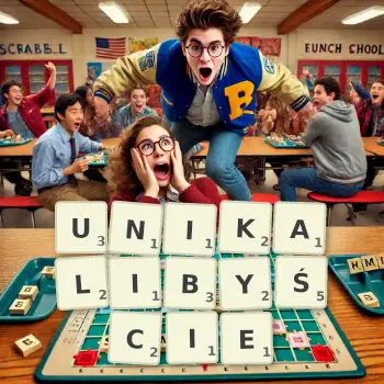 Kreatywna ilustracja do gry w Scrabble ze słowem UNIKALIBYŚCIE ułożonym z płytek na planszy.