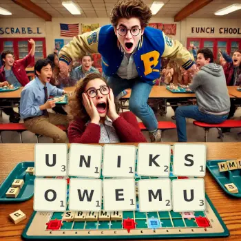 Kreatywna ilustracja do gry w Scrabble ze słowem UNIKSOWEMU ułożonym z płytek na planszy.