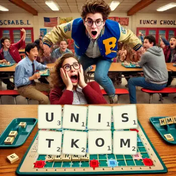 Kreatywna ilustracja do gry w Scrabble ze słowem UNISTKOM ułożonym z płytek na planszy.