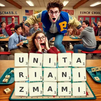 Kreatywna ilustracja do gry w Scrabble ze słowem UNITARIANIZMAMI ułożonym z płytek na planszy.