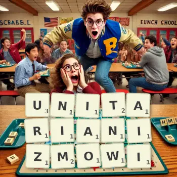 Kreatywna ilustracja do gry w Scrabble ze słowem UNITARIANIZMOWI ułożonym z płytek na planszy.