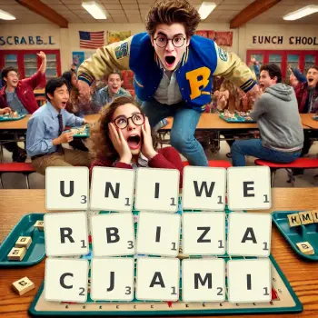 Kreatywna ilustracja do gry w Scrabble ze słowem UNIWERBIZACJAMI ułożonym z płytek na planszy.