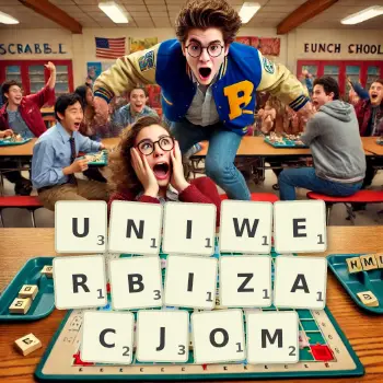 Kreatywna ilustracja do gry w Scrabble ze słowem UNIWERBIZACJOM ułożonym z płytek na planszy.