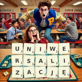 Kreatywna ilustracja do gry w Scrabble ze słowem UNIWERSALIZACJĘ ułożonym z płytek na planszy.