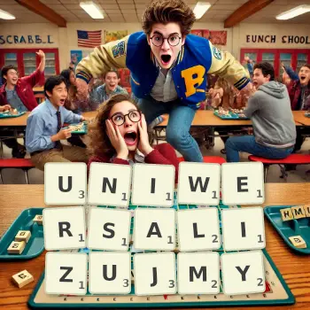 Kreatywna ilustracja do gry w Scrabble ze słowem UNIWERSALIZUJMY ułożonym z płytek na planszy.