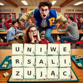 Kreatywna ilustracja do gry w Scrabble ze słowem UNIWERSALIZUJĄC ułożonym z płytek na planszy.