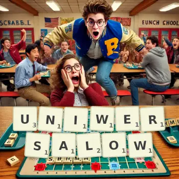 Kreatywna ilustracja do gry w Scrabble ze słowem UNIWERSALOW ułożonym z płytek na planszy.