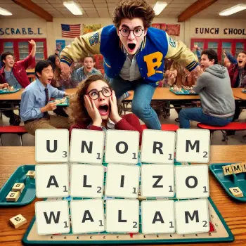 Kreatywna ilustracja do gry w Scrabble ze słowem UNORMALIZOWALAM ułożonym z płytek na planszy.