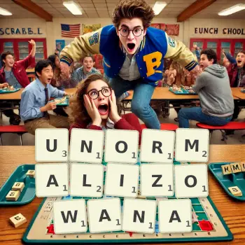 Kreatywna ilustracja do gry w Scrabble ze słowem UNORMALIZOWANA ułożonym z płytek na planszy.