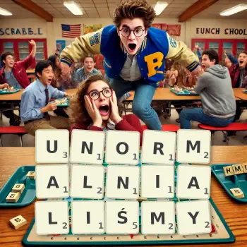 Kreatywna ilustracja do gry w Scrabble ze słowem UNORMALNIALIŚMY ułożonym z płytek na planszy.