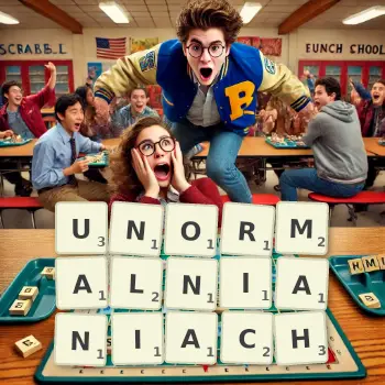 Kreatywna ilustracja do gry w Scrabble ze słowem UNORMALNIANIACH ułożonym z płytek na planszy.
