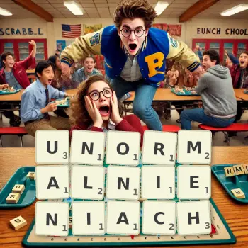 Kreatywna ilustracja do gry w Scrabble ze słowem UNORMALNIENIACH ułożonym z płytek na planszy.