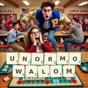 Kreatywna ilustracja do gry w Scrabble ze słowem UNORMOWALOM ułożonym z płytek na planszy.