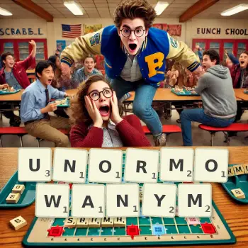 Kreatywna ilustracja do gry w Scrabble ze słowem UNORMOWANYM ułożonym z płytek na planszy.