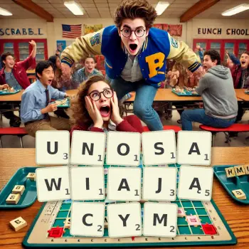 Kreatywna ilustracja do gry w Scrabble ze słowem UNOSAWIAJĄCYM ułożonym z płytek na planszy.