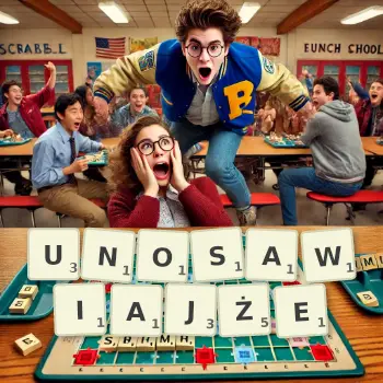 Kreatywna ilustracja do gry w Scrabble ze słowem UNOSAWIAJŻE ułożonym z płytek na planszy.