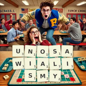 Kreatywna ilustracja do gry w Scrabble ze słowem UNOSAWIALISMY ułożonym z płytek na planszy.