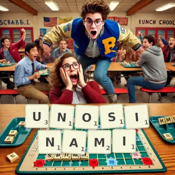 Kreatywna ilustracja do gry w Scrabble ze słowem UNOSINAMI ułożonym z płytek na planszy.