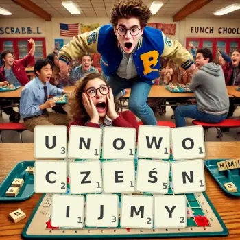 Kreatywna ilustracja do gry w Scrabble ze słowem UNOWOCZEŚNIJMY ułożonym z płytek na planszy.