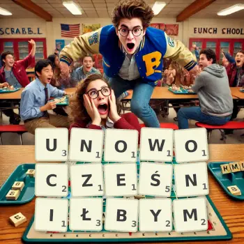 Kreatywna ilustracja do gry w Scrabble ze słowem UNOWOCZEŚNIŁBYM ułożonym z płytek na planszy.