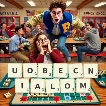 Kreatywna ilustracja do gry w Scrabble ze słowem UOBECNIALOM ułożonym z płytek na planszy.