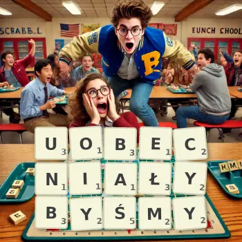 Kreatywna ilustracja do gry w Scrabble ze słowem UOBECNIAŁYBYŚMY ułożonym z płytek na planszy.