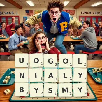 Kreatywna ilustracja do gry w Scrabble ze słowem UOGOLNIALYBYSMY ułożonym z płytek na planszy.