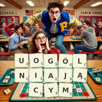 Kreatywna ilustracja do gry w Scrabble ze słowem UOGÓLNIAJĄCYM ułożonym z płytek na planszy.