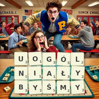 Kreatywna ilustracja do gry w Scrabble ze słowem UOGÓLNIAŁYBYŚMY ułożonym z płytek na planszy.