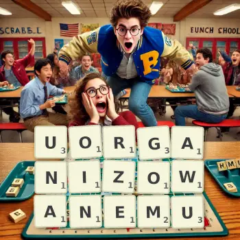 Kreatywna ilustracja do gry w Scrabble ze słowem UORGANIZOWANEMU ułożonym z płytek na planszy.