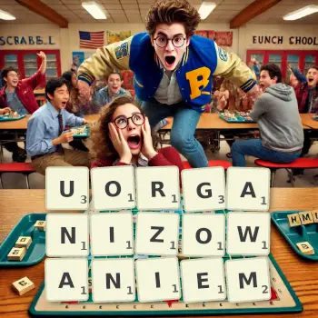 Kreatywna ilustracja do gry w Scrabble ze słowem UORGANIZOWANIEM ułożonym z płytek na planszy.