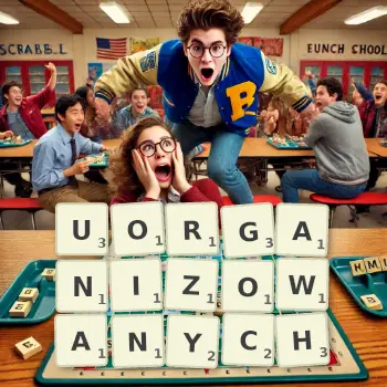 Kreatywna ilustracja do gry w Scrabble ze słowem UORGANIZOWANYCH ułożonym z płytek na planszy.