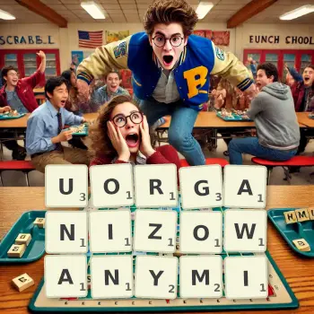 Kreatywna ilustracja do gry w Scrabble ze słowem UORGANIZOWANYMI ułożonym z płytek na planszy.