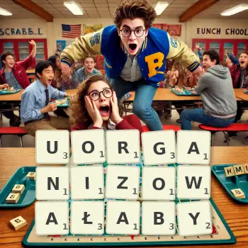 Kreatywna ilustracja do gry w Scrabble ze słowem UORGANIZOWAŁABY ułożonym z płytek na planszy.