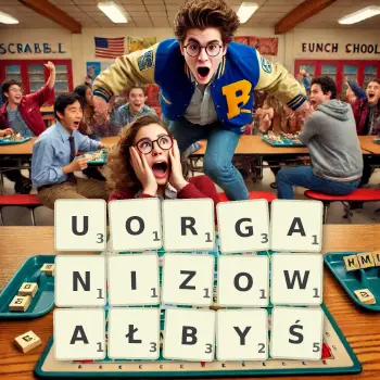 Kreatywna ilustracja do gry w Scrabble ze słowem UORGANIZOWAŁBYŚ ułożonym z płytek na planszy.