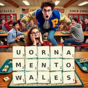 Kreatywna ilustracja do gry w Scrabble ze słowem UORNAMENTOWALES ułożonym z płytek na planszy.