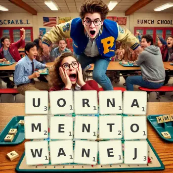 Kreatywna ilustracja do gry w Scrabble ze słowem UORNAMENTOWANEJ ułożonym z płytek na planszy.