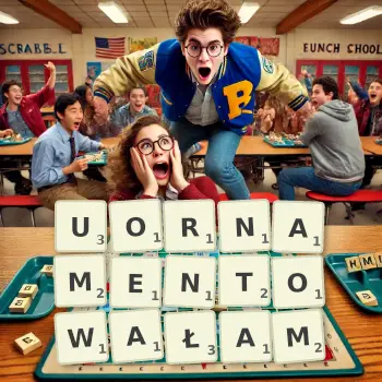 Kreatywna ilustracja do gry w Scrabble ze słowem UORNAMENTOWAŁAM ułożonym z płytek na planszy.