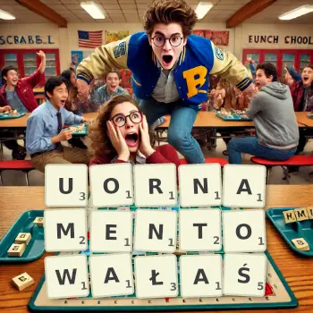 Kreatywna ilustracja do gry w Scrabble ze słowem UORNAMENTOWAŁAŚ ułożonym z płytek na planszy.