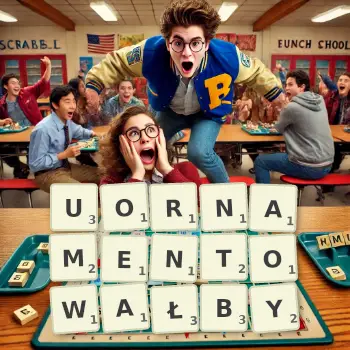 Kreatywna ilustracja do gry w Scrabble ze słowem UORNAMENTOWAŁBY ułożonym z płytek na planszy.