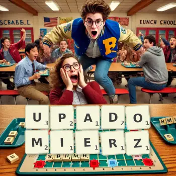 Kreatywna ilustracja do gry w Scrabble ze słowem UPADOMIERZ ułożonym z płytek na planszy.