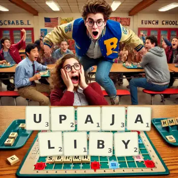 Kreatywna ilustracja do gry w Scrabble ze słowem UPAJALIBY ułożonym z płytek na planszy.