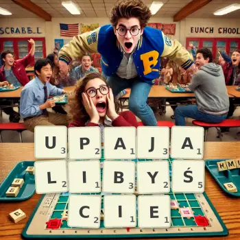 Kreatywna ilustracja do gry w Scrabble ze słowem UPAJALIBYŚCIE ułożonym z płytek na planszy.